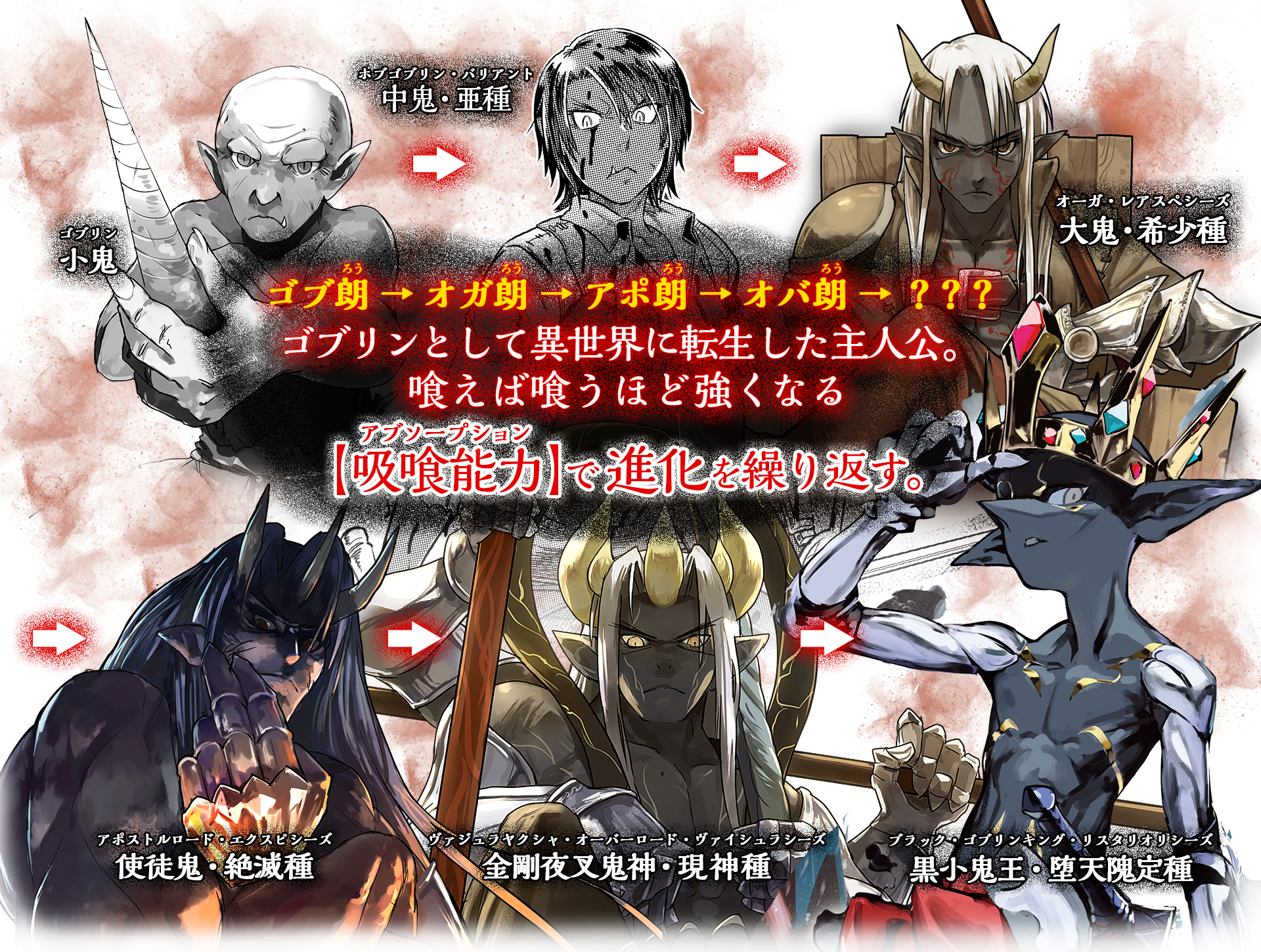 ゴブリンとして異世界に転生した主人公。喰えば喰うほど強くなる【吸喰能力（ルビ：アブソープション）】で進化を繰り返す。